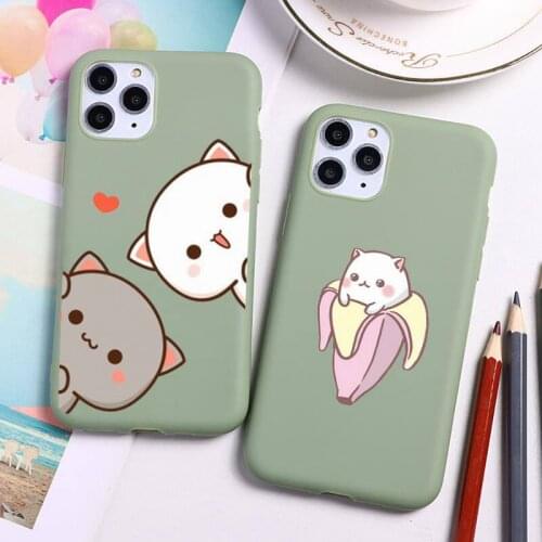 Couple Lovely Gray Cat Phone Case For iphone 12 11 Pro Max Mini XS 8 7 6 6S Plus X SE 2020 XR Candy green Silicone cover