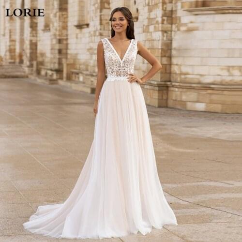LORIE Puff Tulle Princess Wedding Dresses 2021 V Neck Backless Bride Dress Vintage Lace Wedding Gowns Vestido Novia