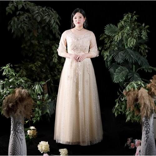 Evening Dresses A-line O-Neck Three Quarter Sleeve Floral Print Bling Women Party Dress Floor-length Plus Size Formal Gowns D420