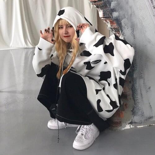Cute Dairy Cow Print Women Oversized Hoodies 2020 Autumn Warm Pocket Hooded Sweatshirt Casual Loose Print Winter Pullover Ladies