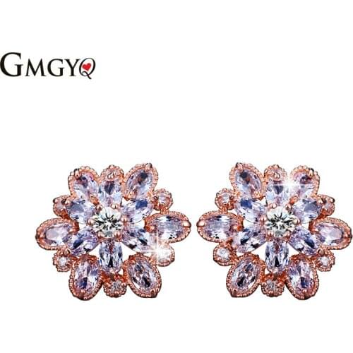 GMGYQZircons Ontwerp Elegante Rose Gold Oorbellen Voor Vrouwen Flower Stud Earrings For Women Aretes De Mujer Minimalist Jewelry
