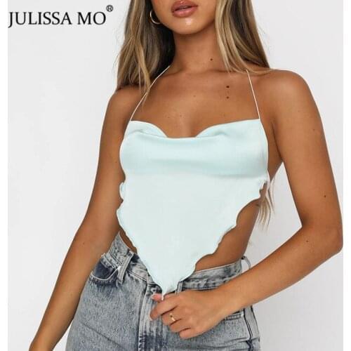 Julissa Mo Satin Backless Bandage Summer Crop Top Women Sleeveless Halter Camisole Sexy Fashion Streetwear Clubwear Tops Female