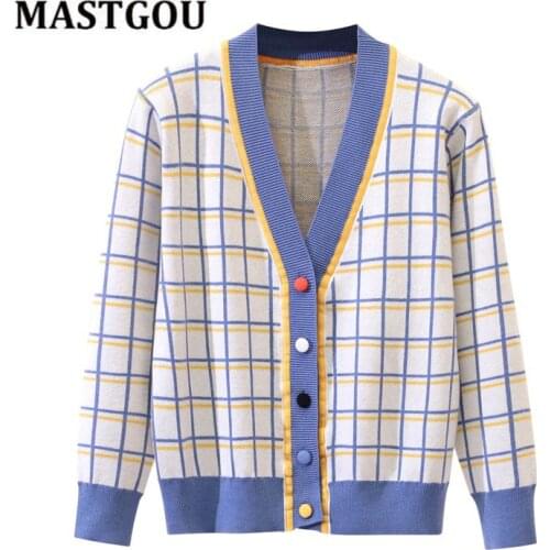 MASTGOU Spring Autumn Sweater For Women Cardigan 2021 Single Breasted Knitted Jumper Top Vintage Plaid Jacket Coat Woman Clothin