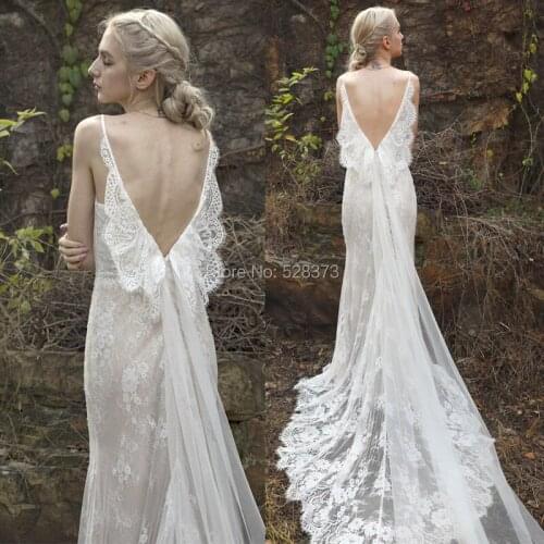 YNQNFS W55 Real V Neck Light Boho Beach Lace Wedding Party Gowns Formal Bridal Dress Backless Mermaid 2018