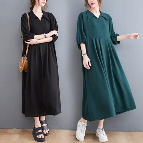 New Solid Color Oversize Korean Summer Casual Dress Lantern Sleeve Lapel Loose Long A-Line Women Vestidos Pleated Robes M252
