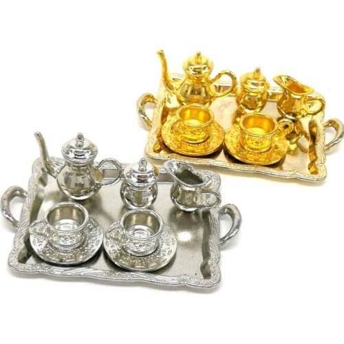 10Pcs/set Doll House Miniature Metal Tea Doll House Furniture Miniature Dining Ware Toy Teapot Cup Plate Toy