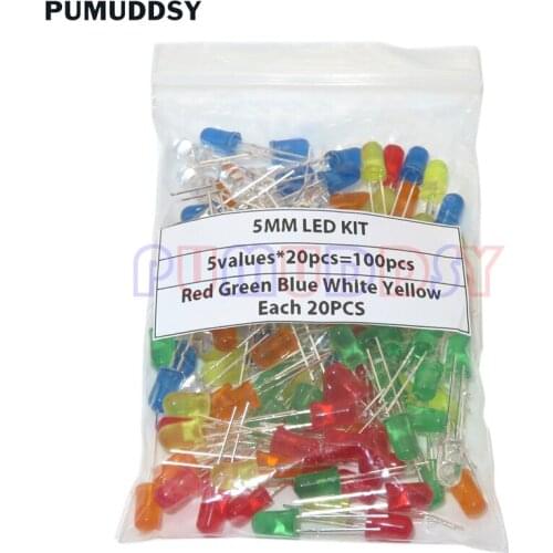 100pcs White Yellow Red Green Blue electronic diy kit 5mm LED diode Light Assorted Kit DIY LEDs Set