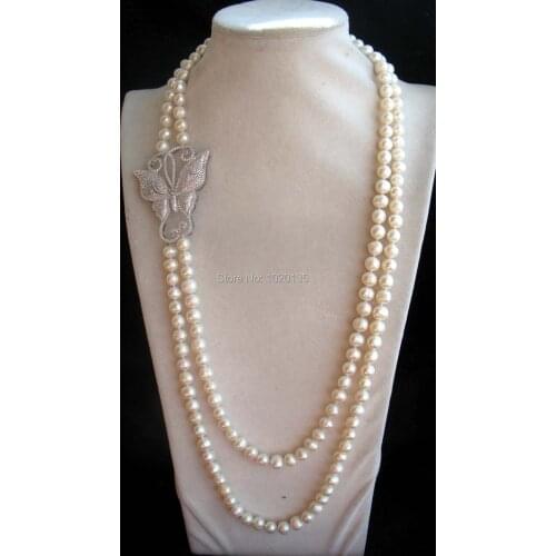 2rows freshwater pearl white near round 8-9mm and butterfly clasp necklace 24-26inch fashion FPPJ