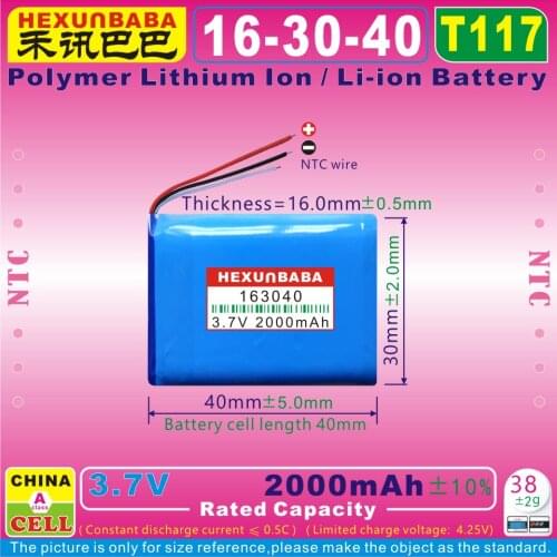 [T117] 3.7V 2000mAh [163040] NTC;Polymer lithium ion / Li-ion battery for tablet pc,GPS,power bank,MP4,MP3