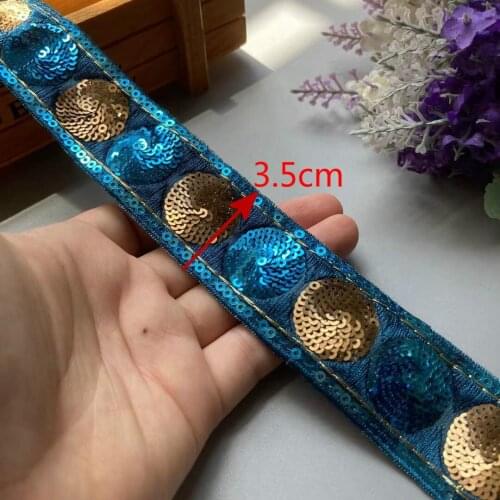 2 Yards Ethnic Blue Thread Sequins African Lace Trims Geometric Lace Ribbon DIY Sewing Dress Decoration Bridal Lace