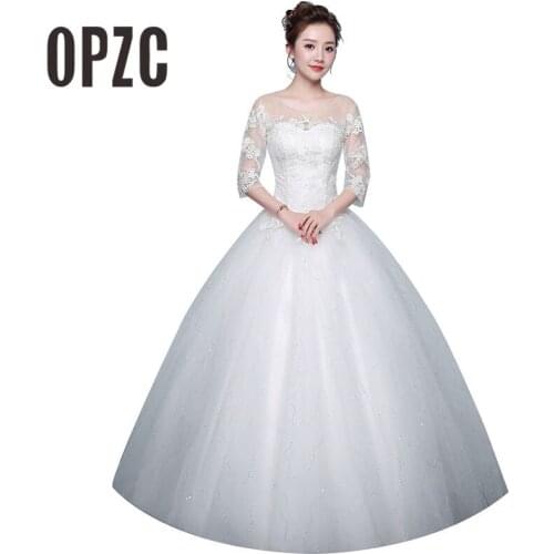 2020 New Arrival Simple Lace Half Sleeve Wedding Dress Sexy Back with Appliques and Flower Illusion Gown Dress Bride Korean