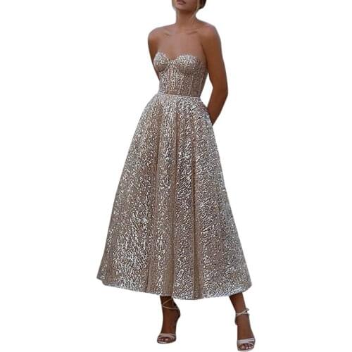 Golden Sexy Deep V Tube Top Shiny Short Sweetheart V Neck and Ankle Long Bridal Gown Shiny Party Dress Ladies Clothing