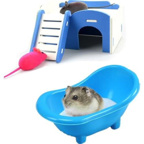 Pet Hamster Toy Wash Cleaning Bathtub Cute Exercise Wooden Hamster House with Ladder Slide Small Pet Toy