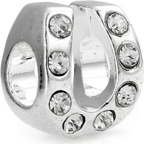 DoreenBeads European Charm Beads Horseshoe Silver color Clear Rhinestone 11mm x 9mm( 3/8"x 3/8"),Hole:Approx 4.8mm,5PCs