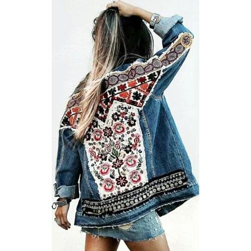 DUISNENA Denim jacket women autumn vintage floral appliques Embroidery boho jacket long sleeve Outerwear coat female jackets