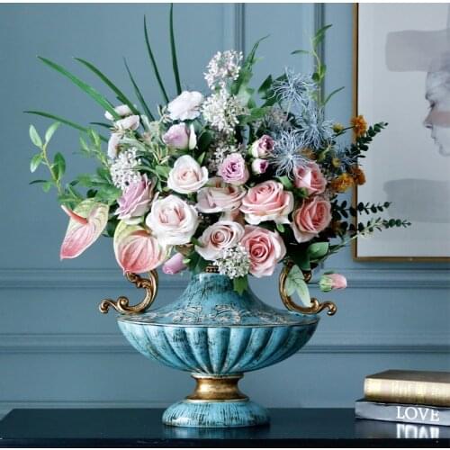 European Luxury Palace Blue Resin Vase Ornament Home Desktop Figurines Crafts Decor Wedding Gift American Retro Silk Flower Pot