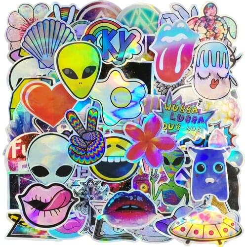 AQK 80Pcs/Lot Cool Motorcycle Laser Stickers Bomb Tide Brand ET Alien Decals For Skateboard Luggage Laptop Notebook Guitar Car