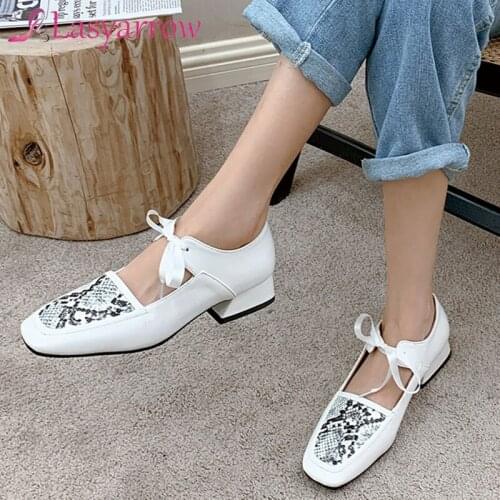 Lasyarrow 2021 Fashion Spring Chunky Middle Heels Bowtie Knot Womens Mary Janes Pumps Big Size 45 46 33 Chic Woman Pumps