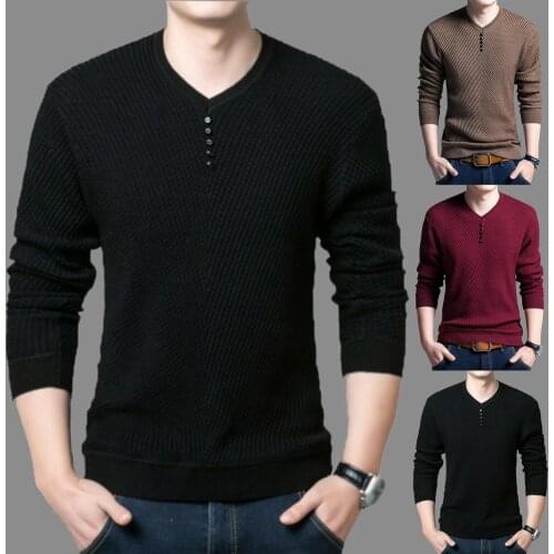 Men Sweater Solid Color Long Sleeve O Neck Buttons Winter Knitted Blouse Slim Base Sweater Casual Knitwear Pullover Jumpers 2020