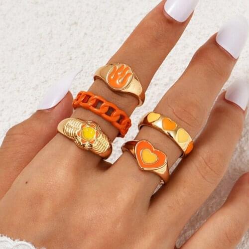 Sweet Drip Oil Heart Flame Rings Set Fashion Geometric Cute Rings for Women Party Jewelry Gifts