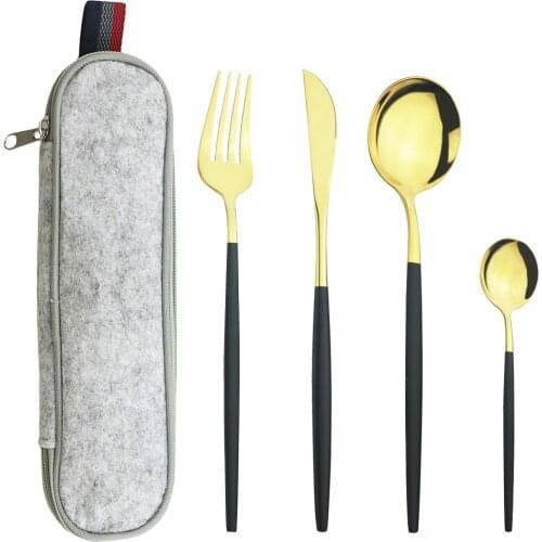 Black Gold Dinnerware Set Travel Camping Cutlery Set Knife Fork and Spoon With Portable Grey Bag Stainless Steel Tableware Set