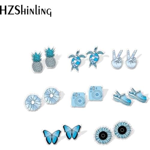 2021 New Blue Sunflower Stud Earring Summer Turtle Butterfly Acrylic Resin Earrings Epoxy Handmade Jewelry Gifts Girl