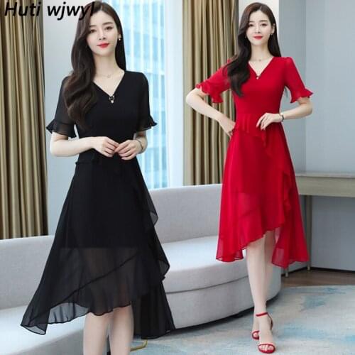 Spring Summer New Black Solid Chiffon Beach Sundress Plus Size Vintage Casual Korean Midi Dress 2021 Women Bodycon Party Vestido