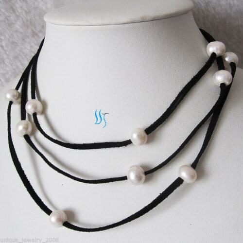51" 9-10mm White Freshwater Pearl Necklace Black Suede Rope Necklace Jewelry