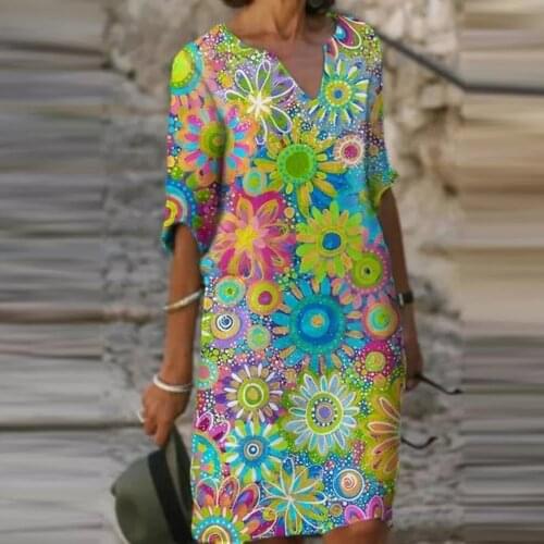Vintage Dress Casual V-neck Florak Print Summer Dresses Mid-sleeve Knee Lenght Платье 2021 Elegent Sundress Straight Woman Dress