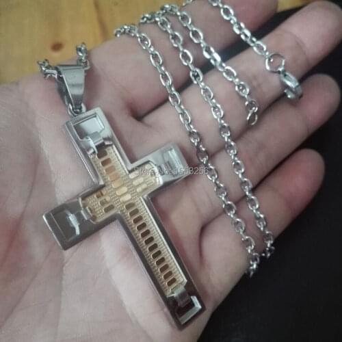 High Quality 2-Tone Gold Stainless Steel Biker Cross Pendant + 24'' Cross Chain Men Necklace