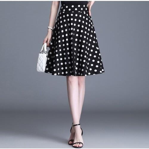 Dot A-line Skirts Women 2021 Summer High Waisted Loose Casual Big Swing Elegant Fashion Knee-length Skirt 3079