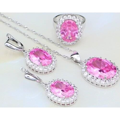 925 Silver Jewelry Lovely Pink Rhinestone White Cubic Zirconia Jewelry Sets For Women Wedding Earring/Pendant/Necklace/Ring