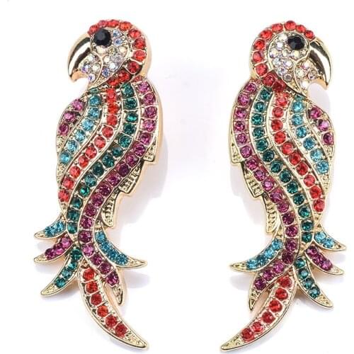 2020 ZA Fashion Full Crystal Rhinestone Bird Earrings Women Trend Tassel Long Earrings Female Cute Animal Parrot Drop Earrings