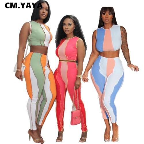 CM.YAYA Summer Sets Women Patchwork Sleeveless O-neck Short Tops Sheath Elastic Ankle-length Pants 2 Piece Set Casual Clothing