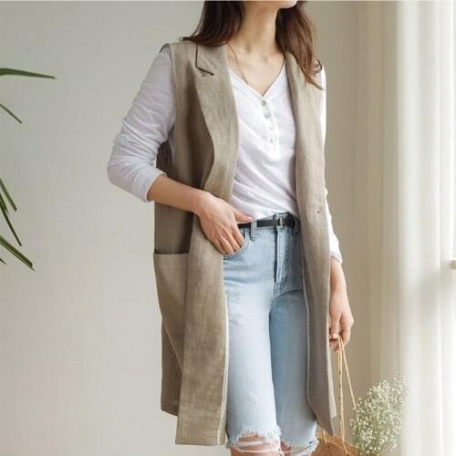 Women Autumn Spring Sleeveless Suit Waistcoat Linen Long Blazer Coats 2021 Single-breasted Loose Simple Vest Jacket White Female