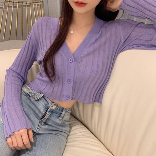 Spring& Autumn Women Retro All-Match Button Tops Solid Color V-Neck Long Sleeve Knitted Slim Cardigan Short Top Blouse