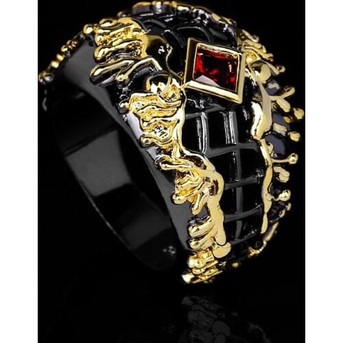 Exaggerated Inlaid Red Zircon Ring Hollow Irregular Black Gold Two-tone Jewelry 925 Silver Womens Ring Party Jewelry