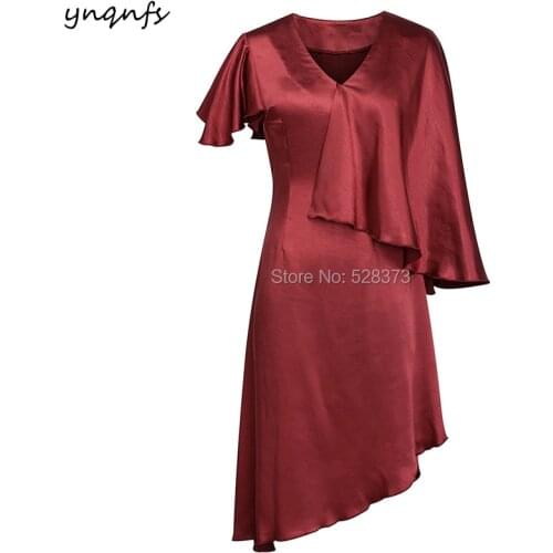 YNQNFS ED167 Normcore Evening Dress Short Silk-Like Satin V Neck Flare One Long Sleeve High Low