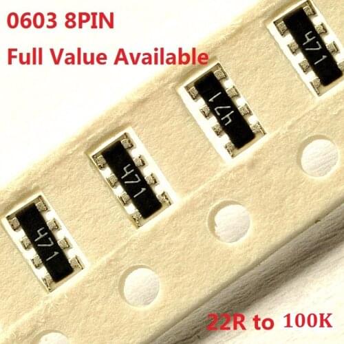100PCS 0603 Networking Resistor exclusion 8pin 22R/33R/51R/100R/150R/220R/330R/470R/510R/ohm 1K/2K/4.7K/5.1K/10K/33K/47K/51K100k