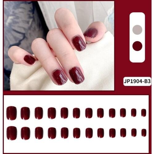 24Pcs Wine Red Phnom Penh Short Square False Nails For Design Classic French Artificial Fake Nails DIY Full Cover Manicure Tool