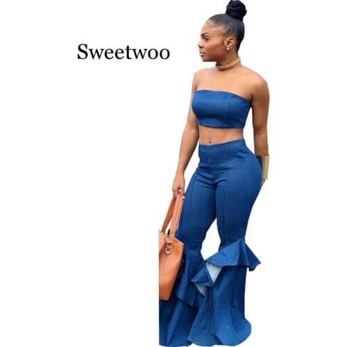 Denim Two Piece Set Summer Strapless Crop Top and Bell Bottom Jeans Flare Pant Suit Matching Sets Outfits Sexy 2 Piece Set Women