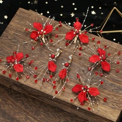 Hot Sale Women Hair Pin Hair Accessories Small Red Flower Leaf Crystal Bridal Hair Clip Tiara Headpiece Head Earrings Jewelry