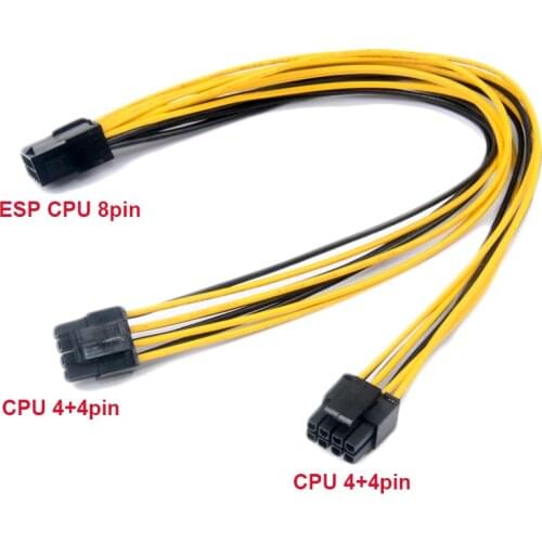2pcs 10cm/20cm/50cm/1m CPU 8pin Female 1 to 2 Male 4+4pin Y Splitter Power Supply Cable Cord 18AWG 20CM