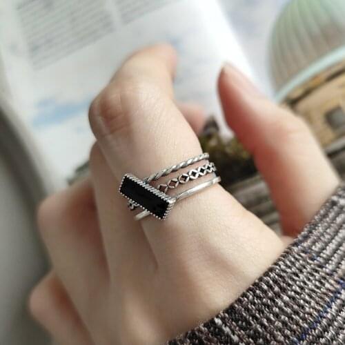 Retro Authentic S925 Sterling Silver FINE Jewelry glaze three layers line with Rectangle black enamel ring adjust TLJ587