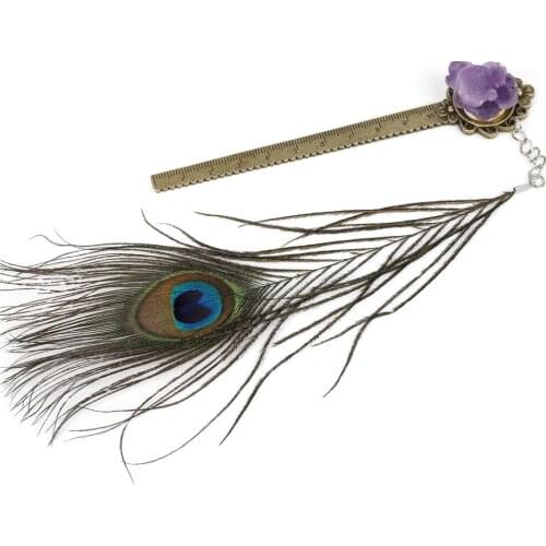 1pcs Rulers And Bookmarks 2 in 1 With Natural Stones Pyrite Amehtyst Quartz Geode Decorative Feathers