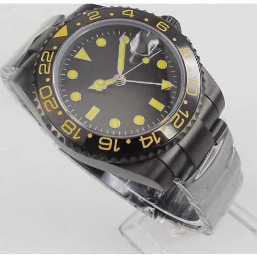 40mm PVD Plated Black Automatic Men Watch Sterile Dial Yellow Markers Mental Bracelet Sapphire Glass GMT Function
