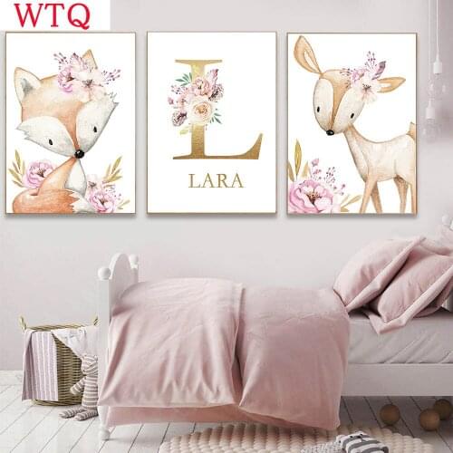 Woodland Animal Poster Nursery Baby Painting Custom Name Wall Art Print Flower Nordic Wall Pictures Baby Girl Bedroom Decoration