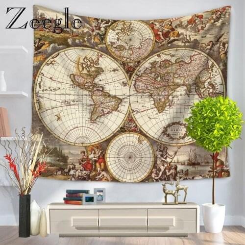 Zeegle Tapestry Wall Hanging World Map Vintage Tapestry Wall Rug Polyester Rectangle Printed Wall Tapestry Wall Art