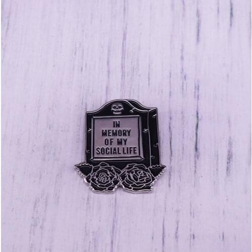 In memory of my social life tombstone badge skull flower brooch
