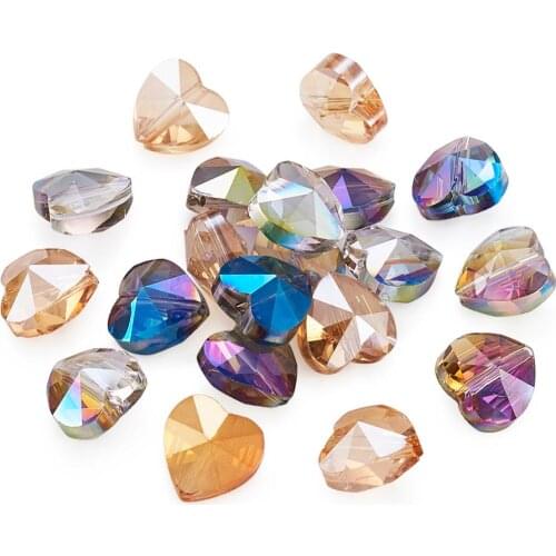 PandaHall 20pcs 10x10x7mm Electroplate Faceted Glass Heart Crystal Jewelry Making DIY Beads, Half Rainbow Plated, Mixed Color
